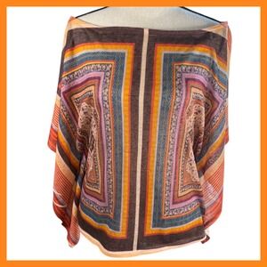 ESTAM Colorful Print Poncho Top‎ Tunic Cover Up Bohemian Festival Size Large